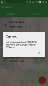 Aplikacja leśna E-caliper eksport pomiarów