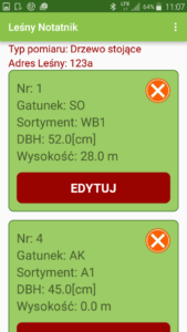 Aplikacja Leśny notatnik podgląd pomiarów Aplikacja Leśny notatnik podgląd pomiarów