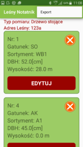 Aplikacja Leśny notatnik eksport pomiarów Aplikacja Leśny notatnik eksport pomiarów