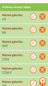 Aplikacja Leśny notatnik ustawienia gatunków